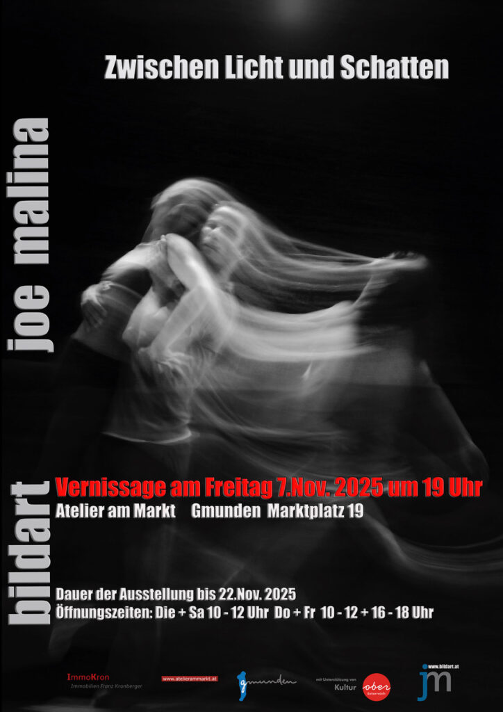 Plakat Ausstellung Jo Malina Zwischen Licht und Schatten Atelier am Markt Gmunden